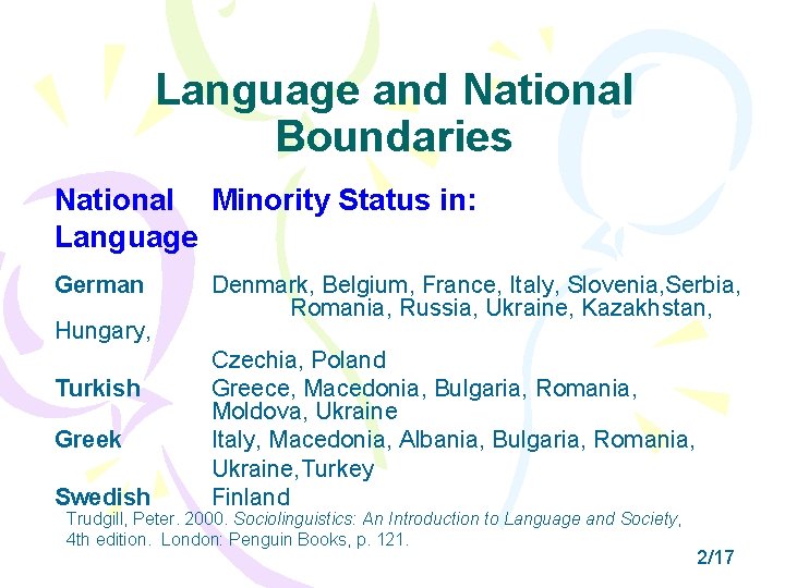 Language and National Boundaries National Minority Status in: Language German Hungary, Turkish Greek Swedish