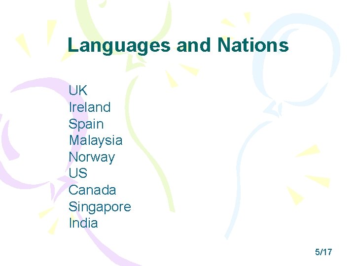 Languages and Nations UK Ireland Spain Malaysia Norway US Canada Singapore India 5/17 