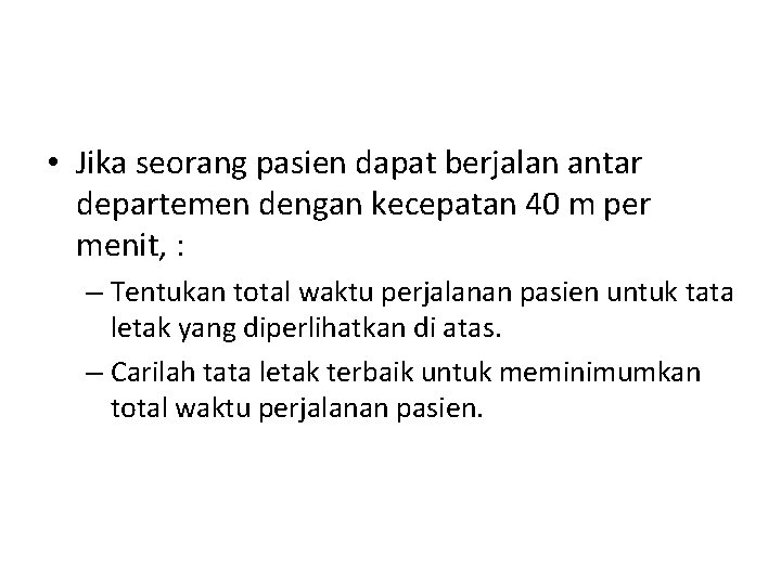  • Jika seorang pasien dapat berjalan antar departemen dengan kecepatan 40 m per