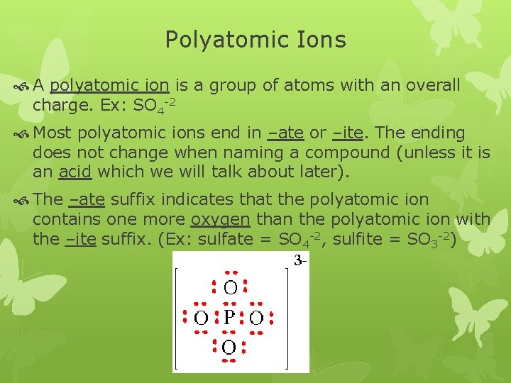 Polyatomic Ions A polyatomic ion is a group of atoms with an overall charge.