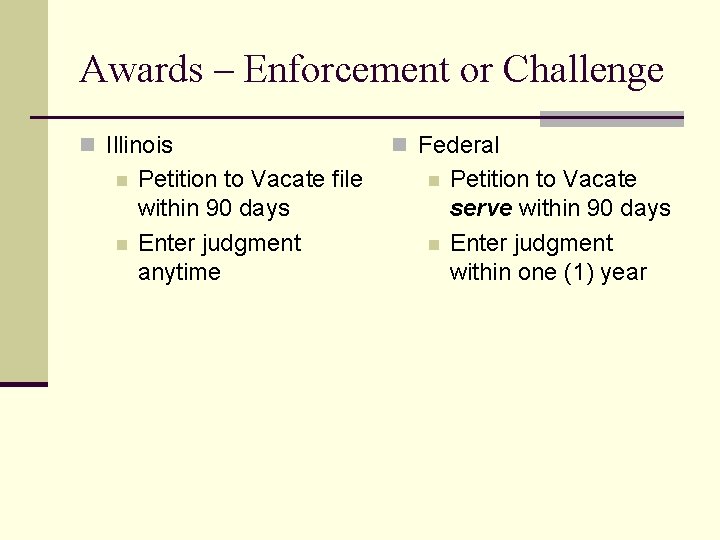 Awards – Enforcement or Challenge n Illinois n n Petition to Vacate file within