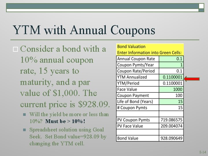 YTM with Annual Coupons o Consider a bond with a 10% annual coupon rate,