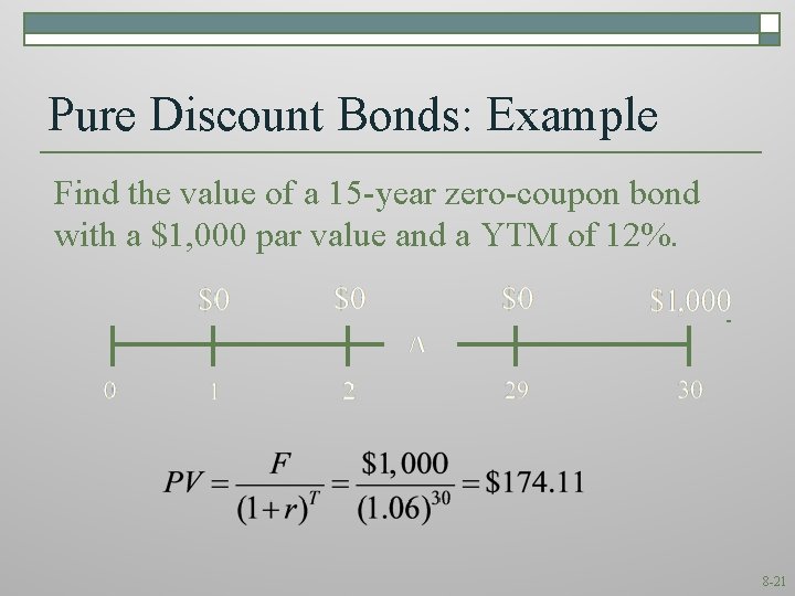 Pure Discount Bonds: Example Find the value of a 15 -year zero-coupon bond with