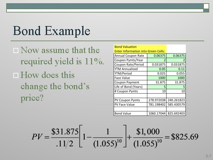 Bond Example o Now assume that the required yield is 11%. o How does