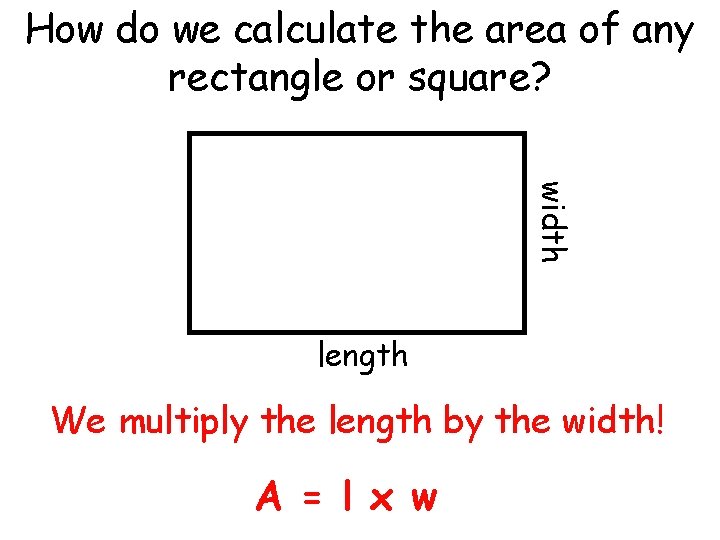 How do we calculate the area of any rectangle or square? width length We