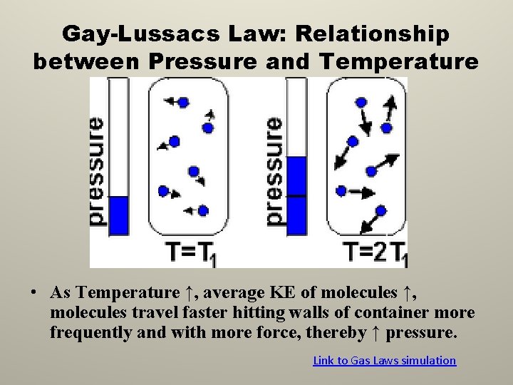 Gay-Lussacs Law: Relationship between Pressure and Temperature • As Temperature ↑, average KE of