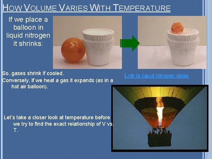 HOW VOLUME VARIES WITH TEMPERATURE If we place a balloon in liquid nitrogen it