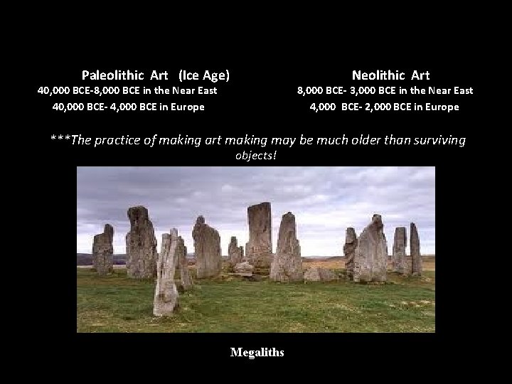 Paleolithic Art (Ice Age) Neolithic Art 40, 000 BCE-8, 000 BCE in the Near