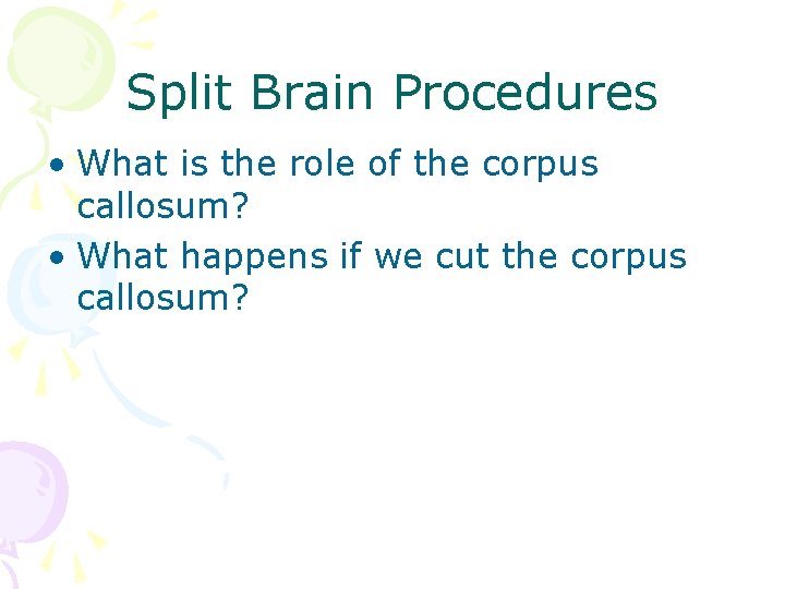 Split Brain Procedures • What is the role of the corpus callosum? • What