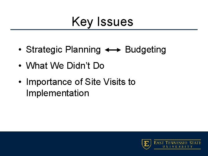Key Issues • Strategic Planning Budgeting • What We Didn’t Do • Importance of
