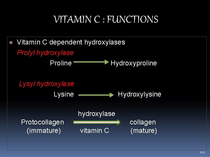 VITAMIN C : FUNCTIONS Vitamin C dependent hydroxylases Prolyl hydroxylase Proline Hydroxyproline Lysyl hydroxylase