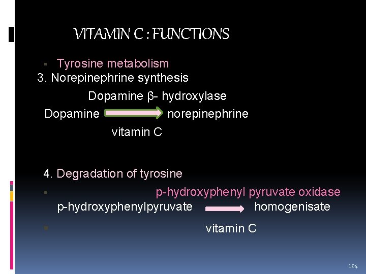 VITAMIN C : FUNCTIONS Tyrosine metabolism 3. Norepinephrine synthesis Dopamine β- hydroxylase Dopamine norepinephrine