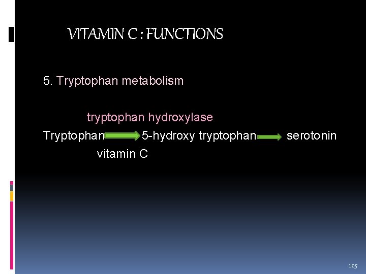 VITAMIN C : FUNCTIONS 5. Tryptophan metabolism tryptophan hydroxylase Tryptophan 5 -hydroxy tryptophan serotonin