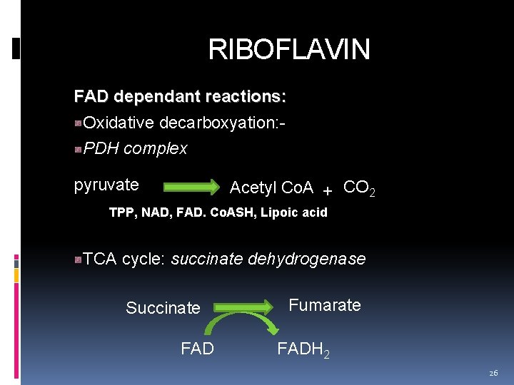  RIBOFLAVIN FAD dependant reactions: Oxidative decarboxyation: - PDH complex pyruvate Acetyl Co. A