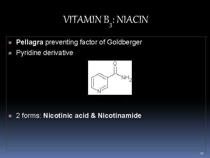 VITAMIN B 3: NIACIN Pellagra preventing factor of Goldberger Pyridine derivative 2 forms: Nicotinic