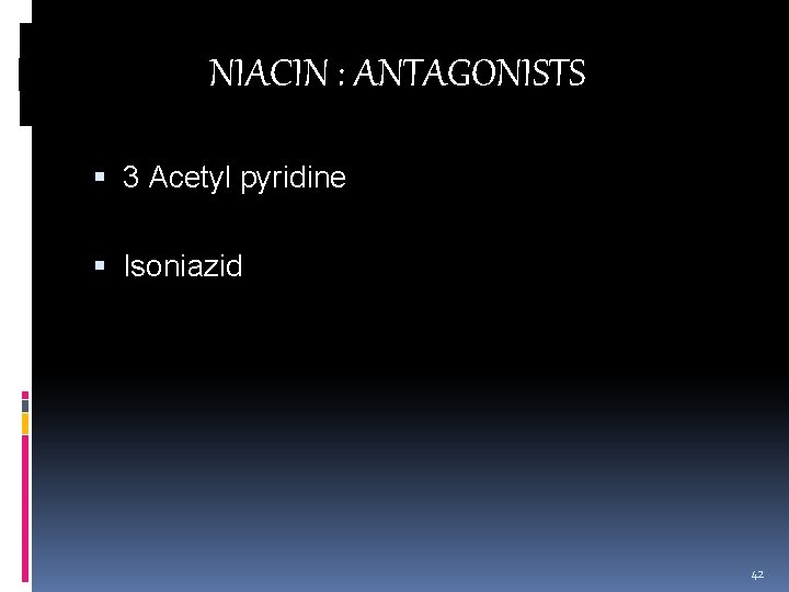 NIACIN : ANTAGONISTS 3 Acetyl pyridine Isoniazid 42 