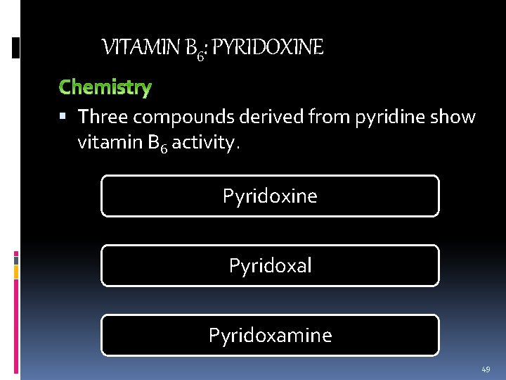 VITAMIN B 6: PYRIDOXINE Three compounds derived from pyridine show vitamin B 6 activity.