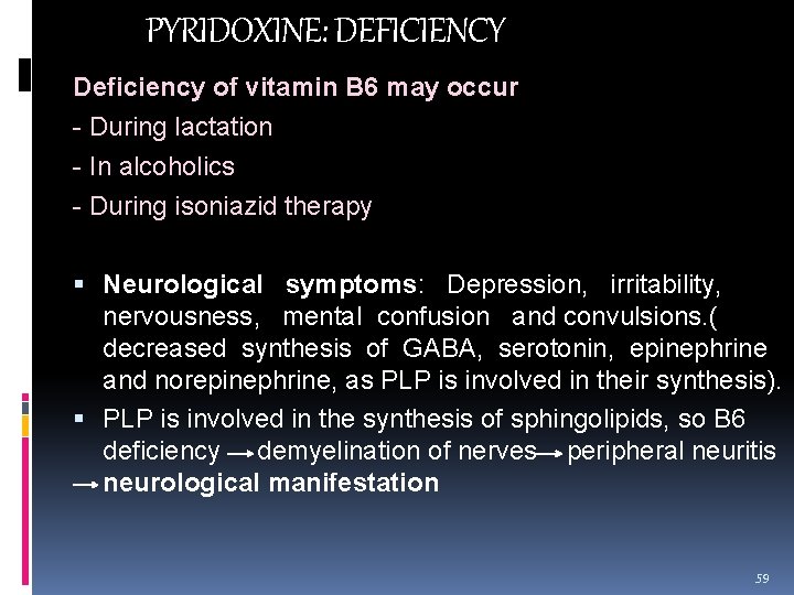 PYRIDOXINE: DEFICIENCY Deficiency of vitamin B 6 may occur - During lactation - In