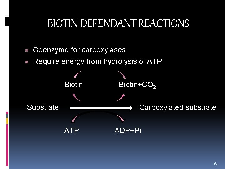 BIOTIN DEPENDANT REACTIONS Coenzyme for carboxylases Require energy from hydrolysis of ATP Biotin Substrate