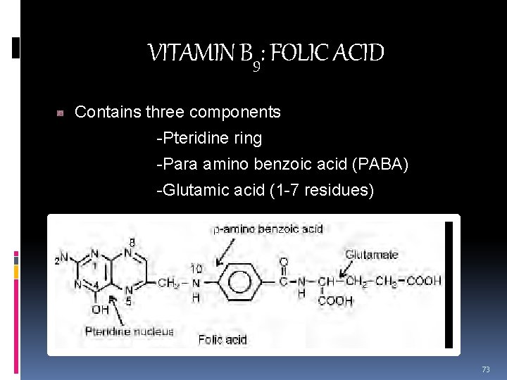 VITAMIN B 9: FOLIC ACID Contains three components -Pteridine ring -Para amino benzoic acid