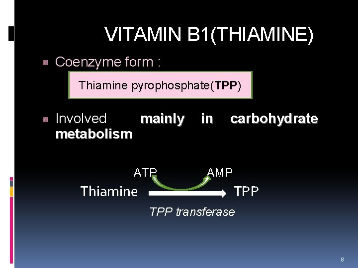  VITAMIN B 1(THIAMINE) Coenzyme form : Thiamine pyrophosphate(TPP) Involved mainly metabolism in carbohydrate