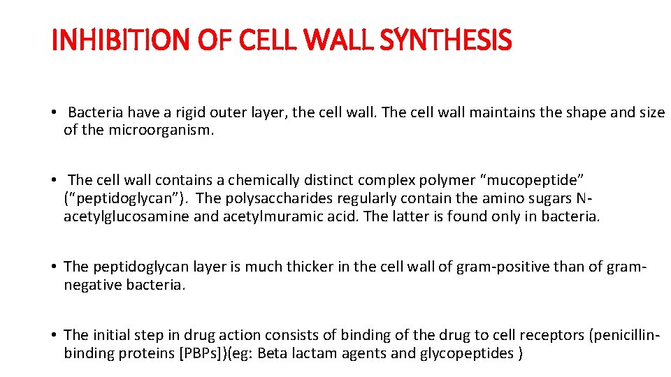 INHIBITION OF CELL WALL SYNTHESIS • Bacteria have a rigid outer layer, the cell