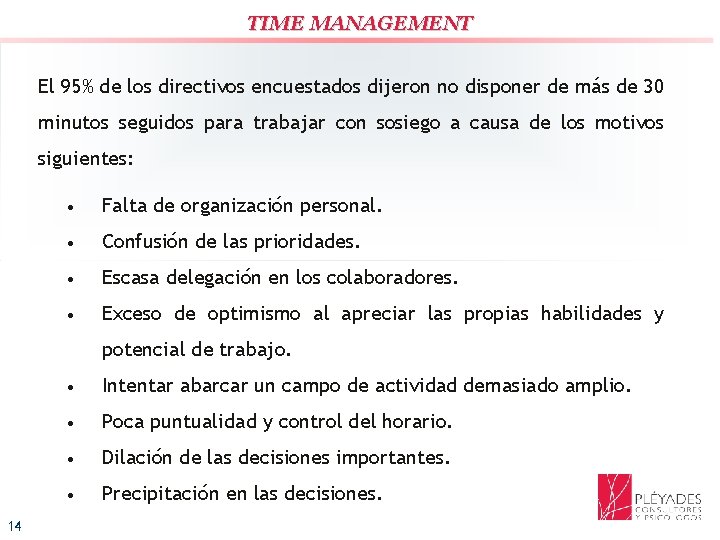 TIME MANAGEMENT El 95% de los directivos encuestados dijeron no disponer de más de