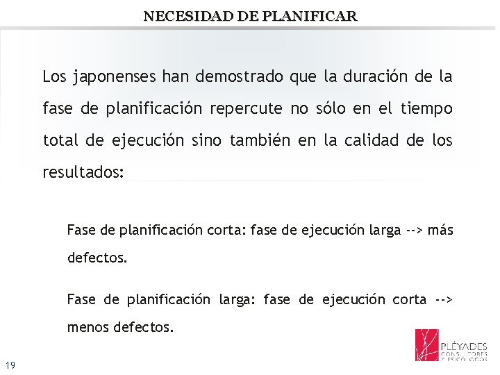 NECESIDAD DE PLANIFICAR Los japonenses han demostrado que la duración de la fase de