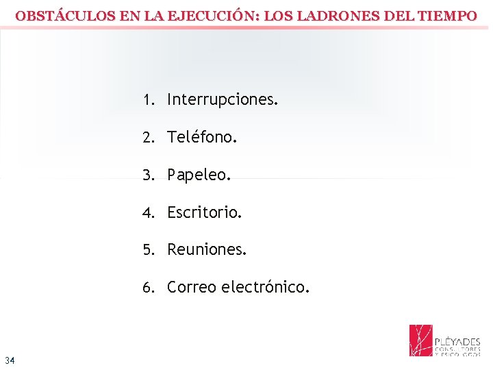 OBSTÁCULOS EN LA EJECUCIÓN: LOS LADRONES DEL TIEMPO 1. Interrupciones. 2. Teléfono. 3. Papeleo.