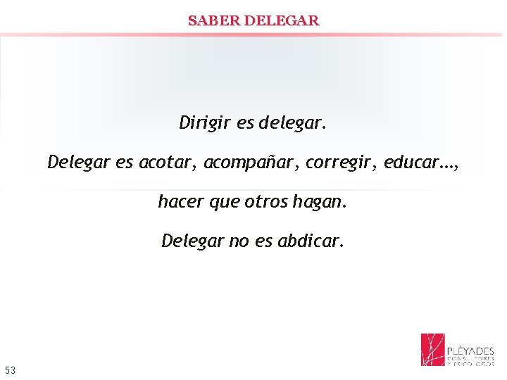 SABER DELEGAR Dirigir es delegar. Delegar es acotar, acompañar, corregir, educar…, hacer que otros