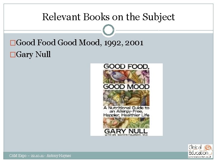 Relevant Books on the Subject �Good Food Good Mood, 1992, 2001 �Gary Null CAM