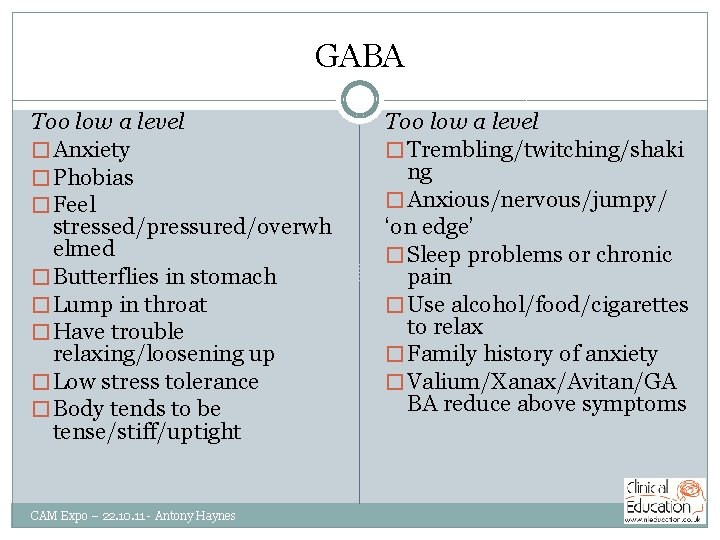 GABA Too low a level � Anxiety � Phobias � Feel stressed/pressured/overwh elmed �