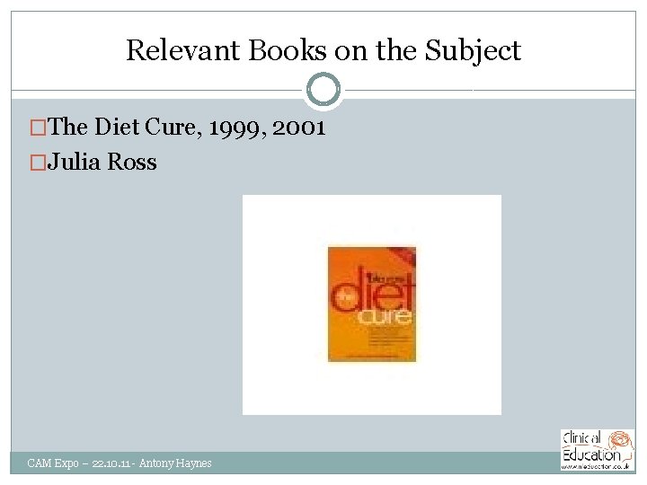 Relevant Books on the Subject �The Diet Cure, 1999, 2001 �Julia Ross CAM Expo