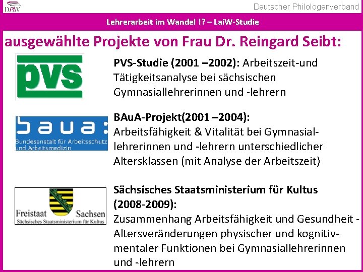 Deutscher Philologenverband Lehrerarbeit im Wandel !? – Lai. W-Studie ausgewählte Projekte von Frau Dr.