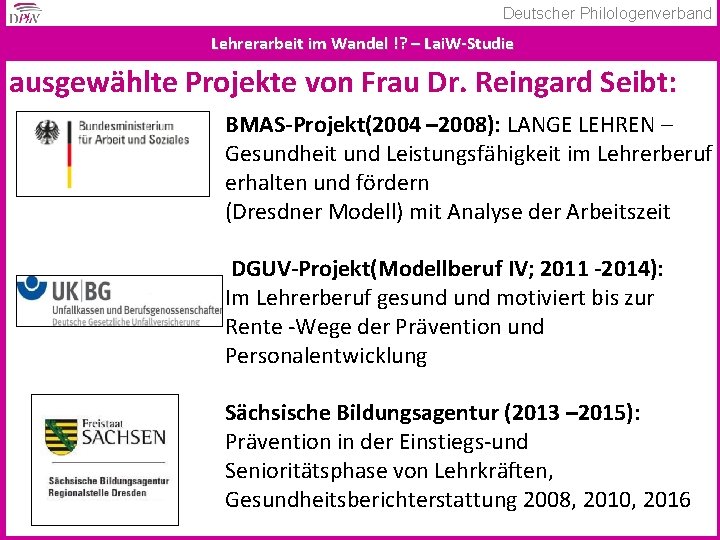 Deutscher Philologenverband Lehrerarbeit im Wandel !? – Lai. W-Studie ausgewählte Projekte von Frau Dr.