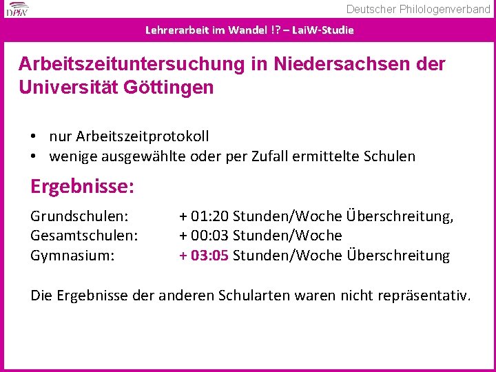 Deutscher Philologenverband Lehrerarbeit im Wandel !? – Lai. W-Studie Arbeitszeituntersuchung in Niedersachsen der Universität