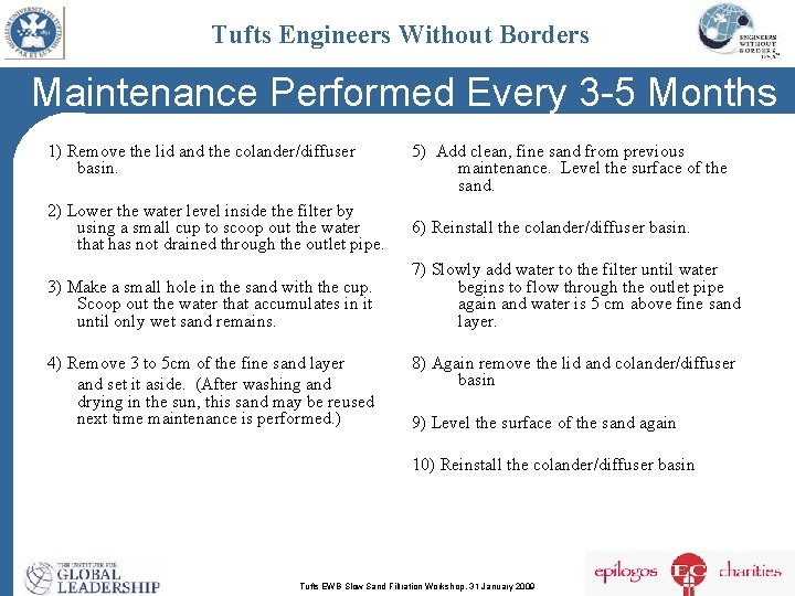 Tufts Engineers Without Borders Maintenance Performed Every 3 -5 Months 1) Remove the lid