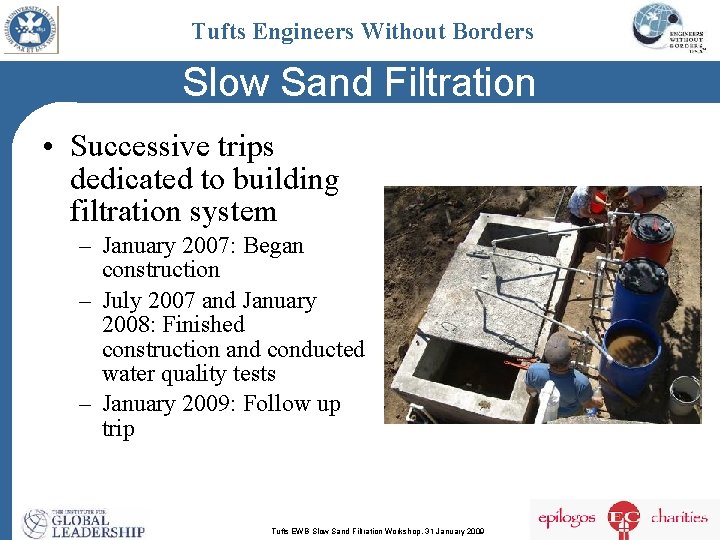 Tufts Engineers Without Borders Slow Sand Filtration • Successive trips dedicated to building filtration