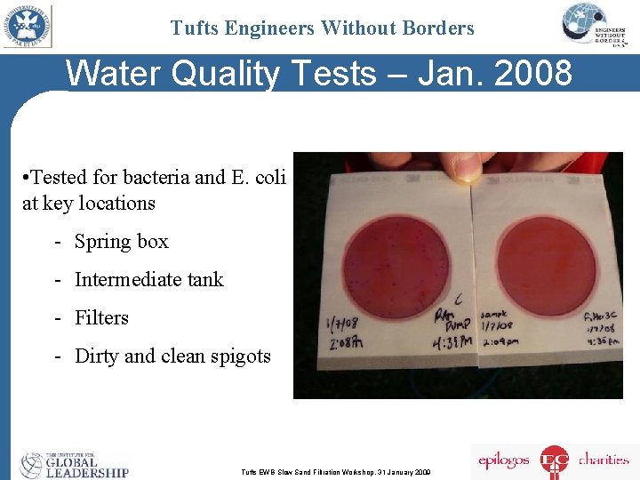 Tufts Engineers Without Borders Water Quality Tests – Jan. 2008 • Tested for bacteria