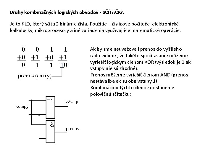 Druhy kombinačných logických obvodov - SČÍTAČKA Je to KLO, ktorý sčíta 2 binárne čísla.