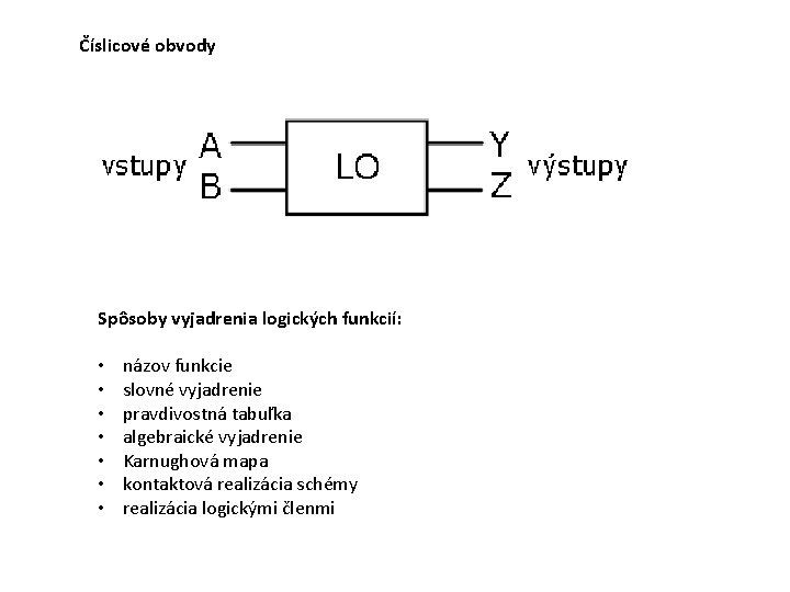 Číslicové obvody Spôsoby vyjadrenia logických funkcií: • • názov funkcie slovné vyjadrenie pravdivostná tabuľka