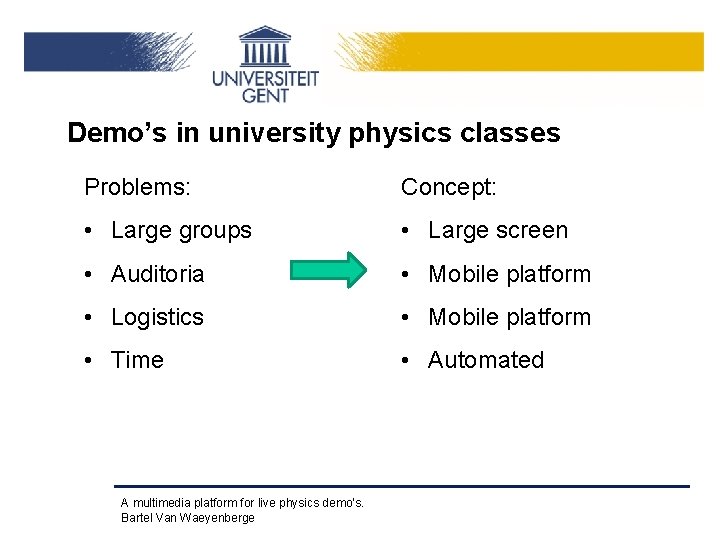 Demo’s in university physics classes Problems: Concept: • Large groups • Large screen •