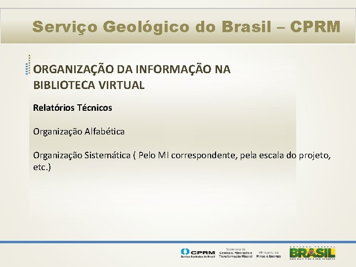Serviço Geológico do Brasil – CPRM ORGANIZAÇÃO DA INFORMAÇÃO NA BIBLIOTECA VIRTUAL Relatórios Técnicos
