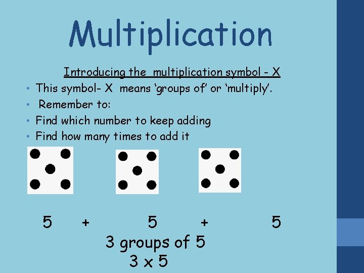 Multiplication • • Introducing the multiplication symbol - X This symbol- X means ‘groups