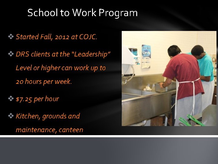 School to Work Program v Started Fall, 2012 at COJC. v DRS clients at