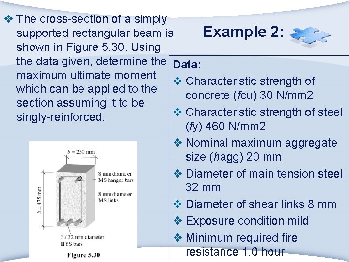 v The cross-section of a simply Example 2: supported rectangular beam is shown in