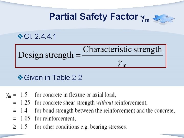 Partial Safety Factor γm v Cl. 2. 4. 4. 1 v Given in Table