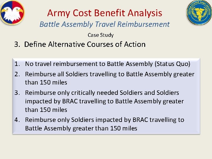 Army Cost Benefit Analysis Battle Assembly Travel Reimbursement Case Study 3. Define Alternative Courses