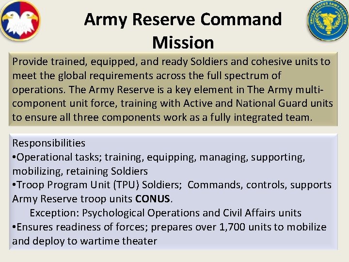 Army Reserve Command Mission Provide trained, equipped, and ready Soldiers and cohesive units to