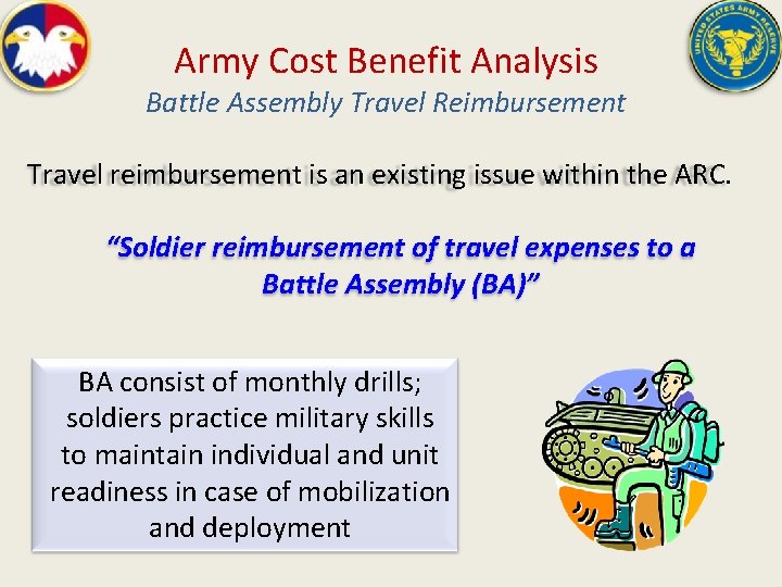 Army Cost Benefit Analysis Battle Assembly Travel Reimbursement Travel reimbursement is an existing issue